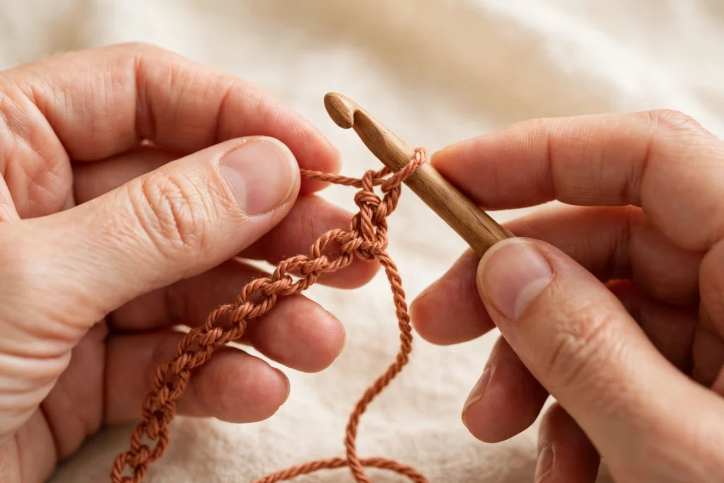 Hands forming crochet chain stitches with a wooden hook