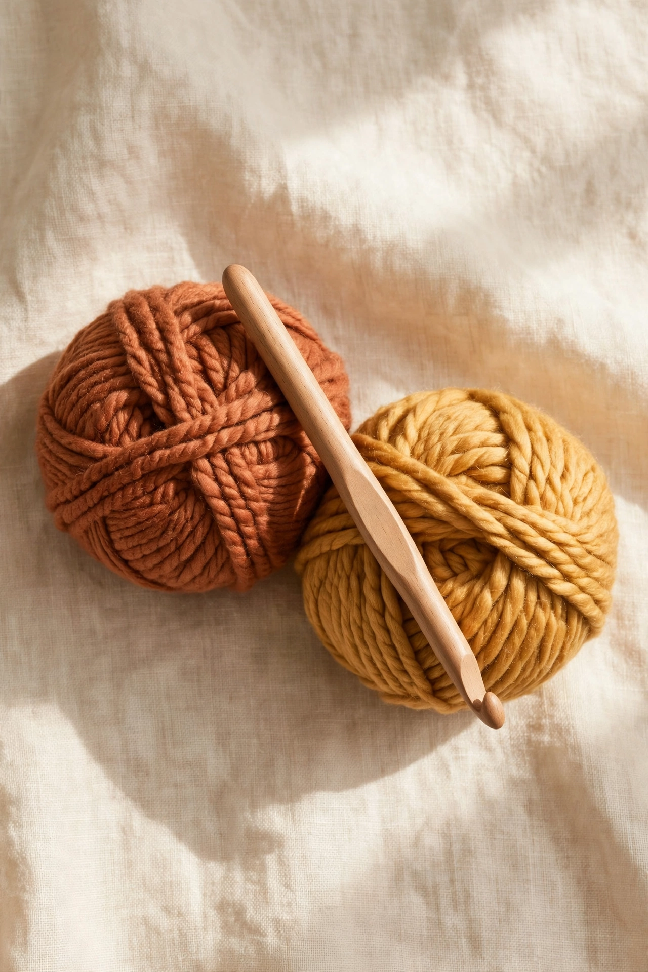 Balls of terracotta and honey yarn with a wooden crochet hook on cream linen — how to crochet for beginners