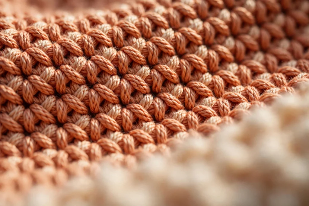 Close-up of neat terracotta single-crochet stitches