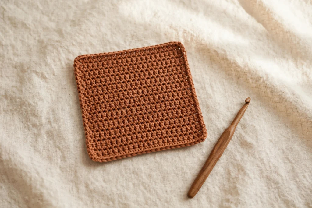 Finished terracotta crochet dishcloth with wooden hook