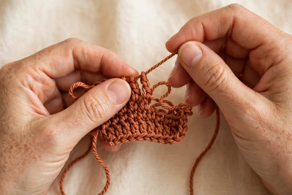 Hands unraveling a few rows of crochet stitches