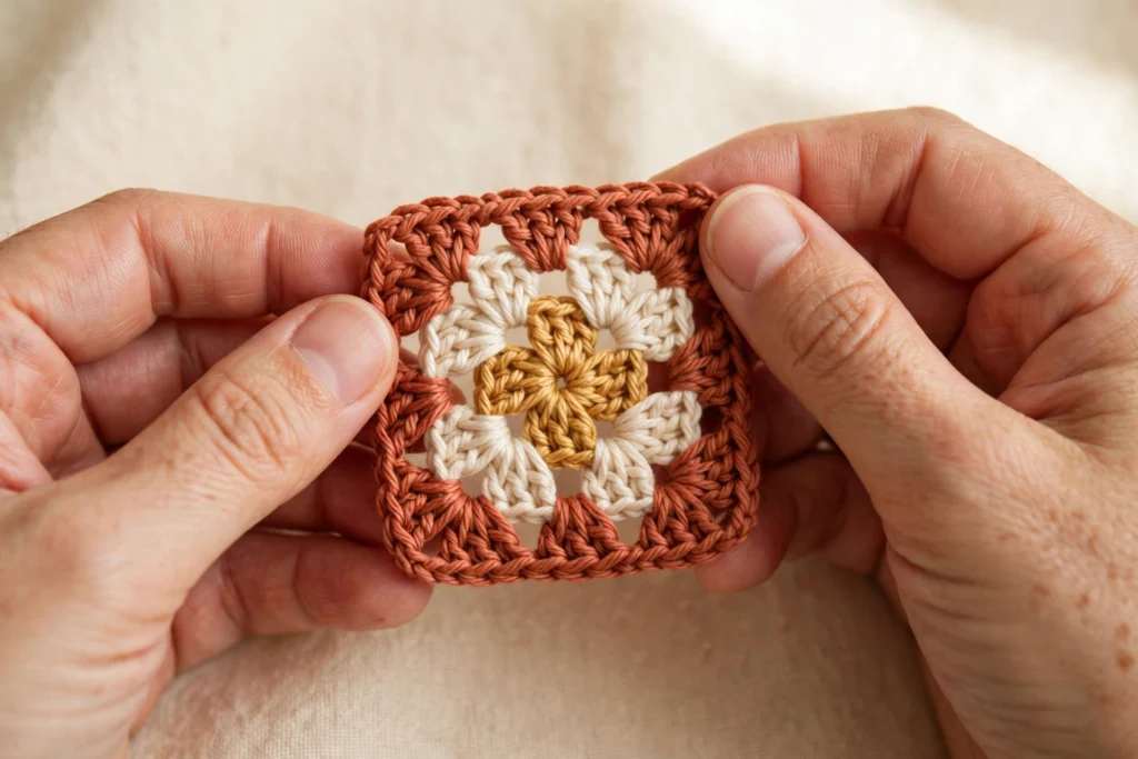 Hands holding a small granny square in terracotta, cream and honey yarn