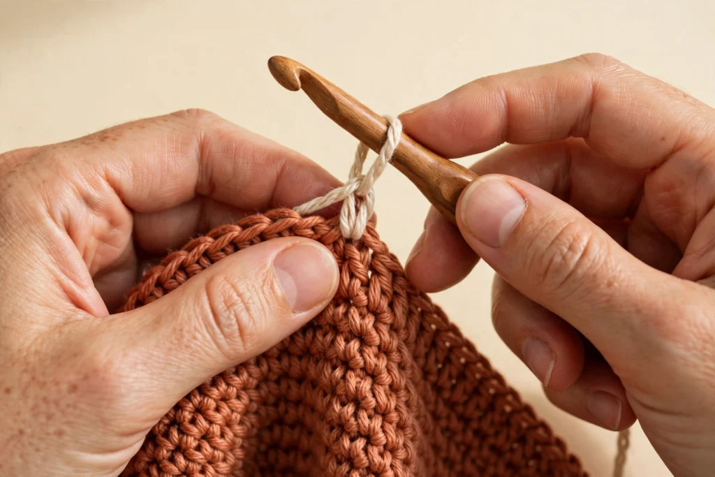 Hands working a single crochet stitch