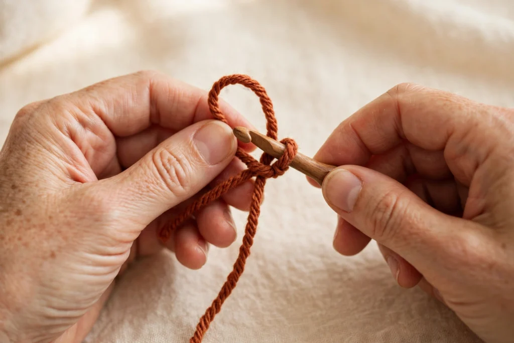 Hands tying a crochet slip knot on a wooden hook