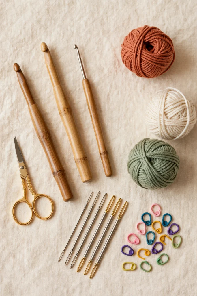 Beginner crochet starter kit: hooks, yarn, scissors, tapestry needles and stitch markers