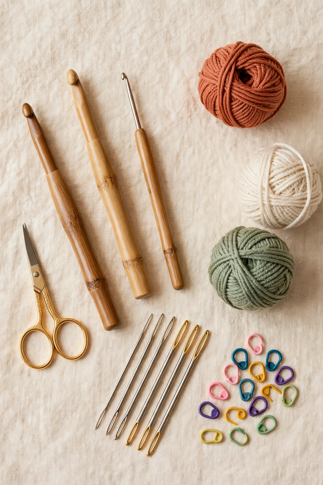 Beginner crochet starter kit: hooks, yarn, scissors, tapestry needles and stitch markers