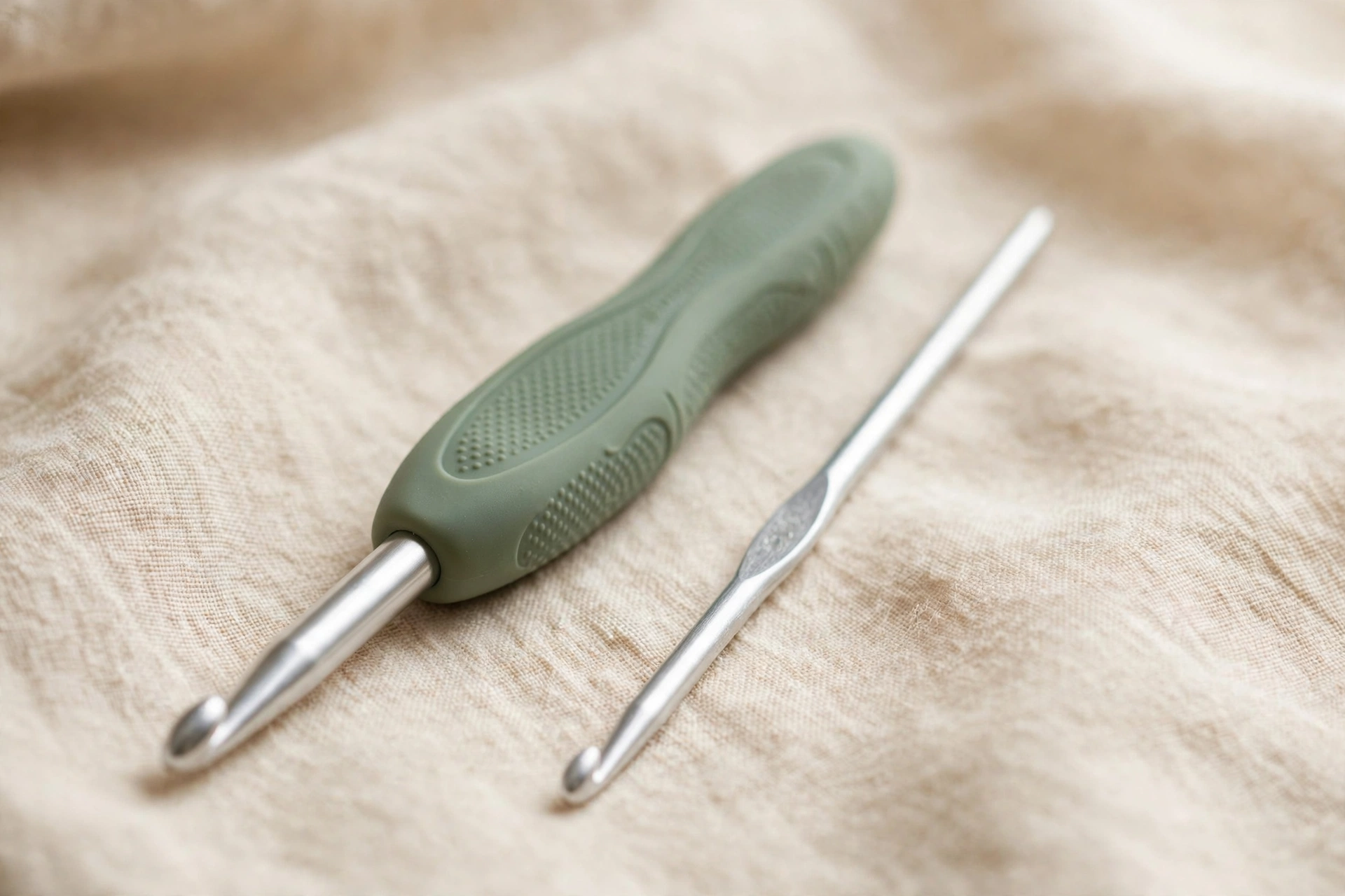 Ergonomic crochet hook next to a standard aluminum hook