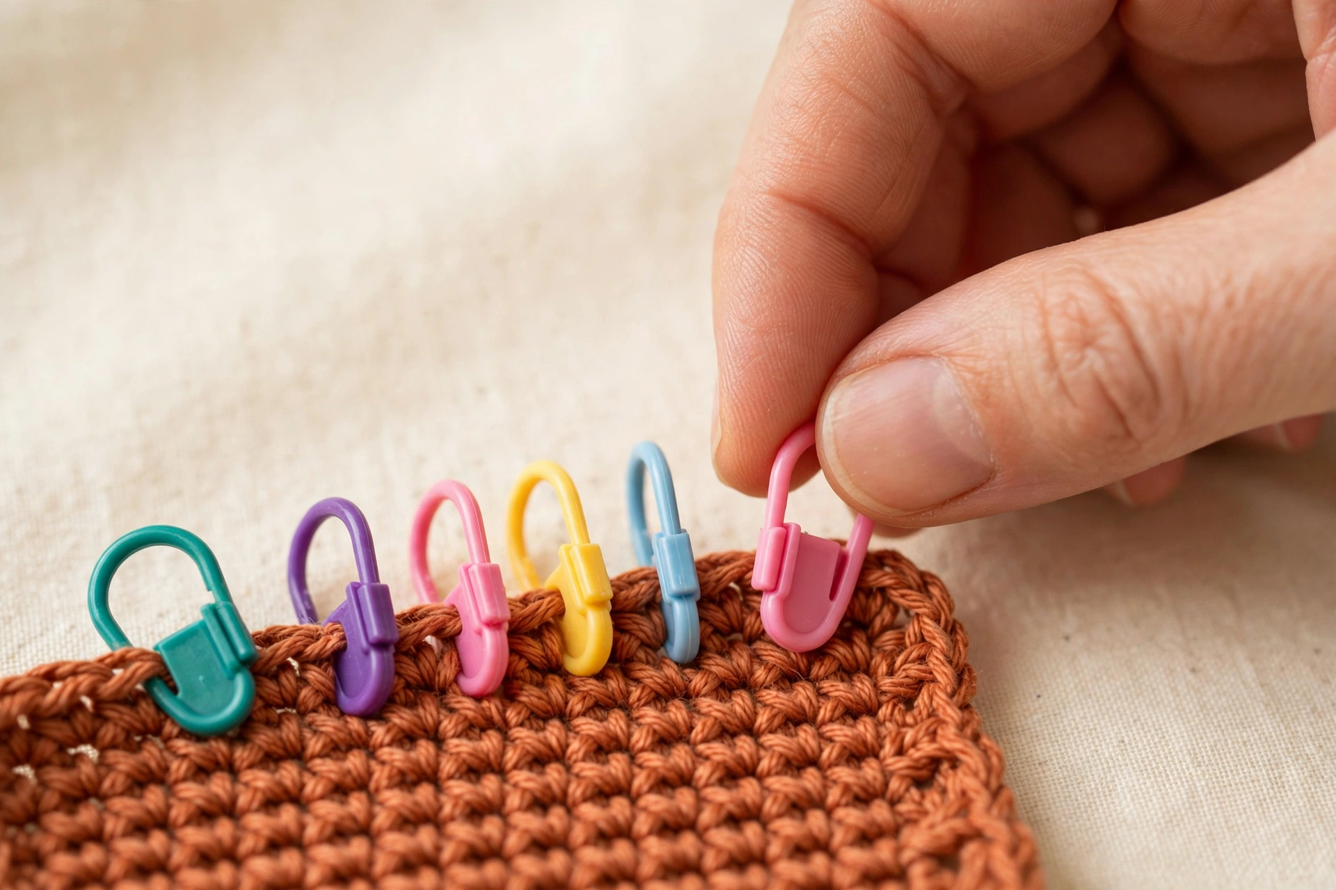 Colorful stitch markers clipped on crochet fabric