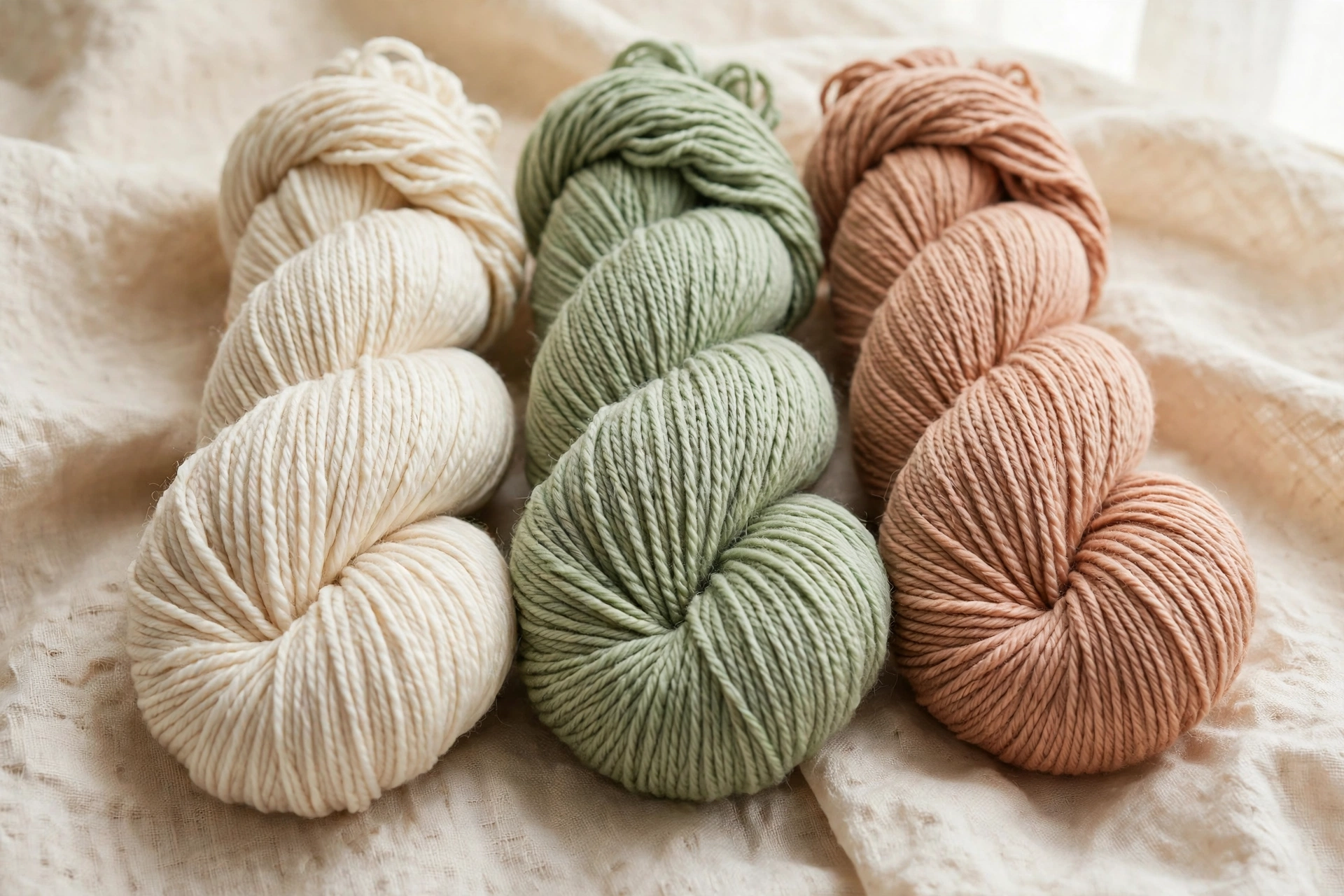 Skeins of medium-weight acrylic yarn in light colors