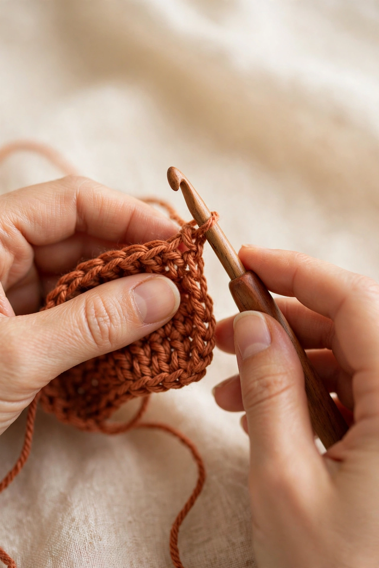 Hands holding a wooden crochet hook and terracotta yarn while crocheting