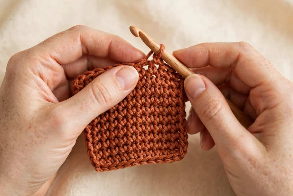 Hands crocheting even single-crochet stitches