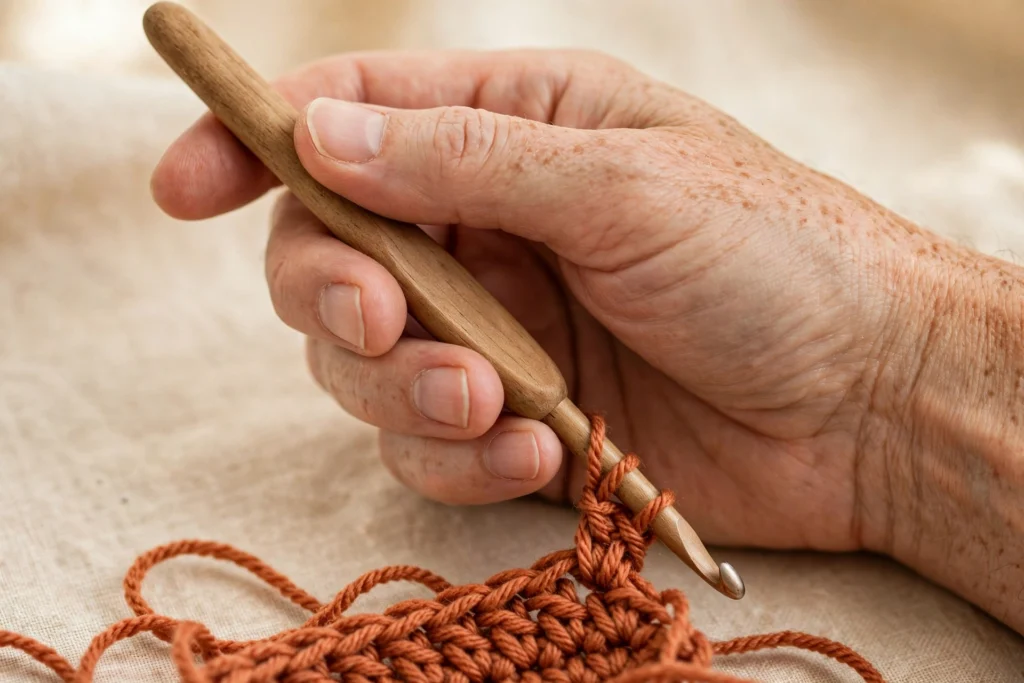 Hand holding a crochet hook in the knife grip