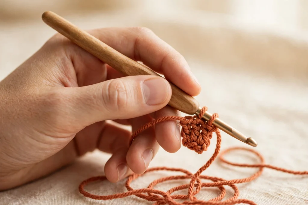 Hand holding a crochet hook in the pencil grip