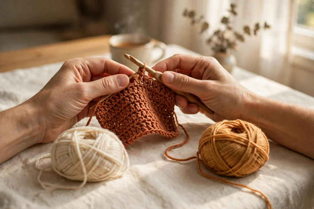 Hands crocheting with warm rust-colored yarn in a cozy, sunlit scene